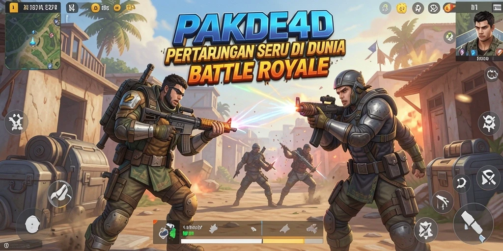 Screenshot utama PAKDE4D menampilkan aksi seru di arena Battle Royale.