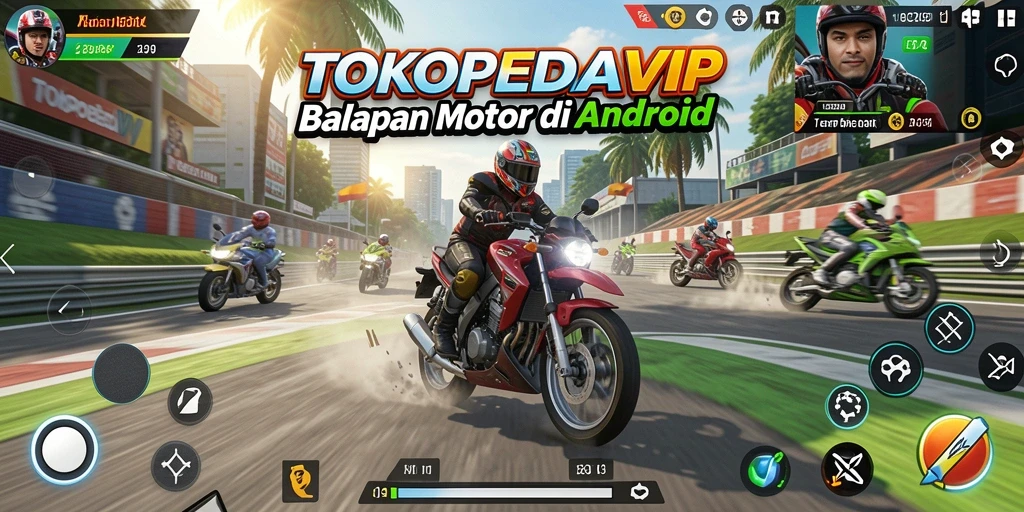 Screenshot gameplay TOKOPEDIAVIP menampilkan aksi balapan motor yang seru.